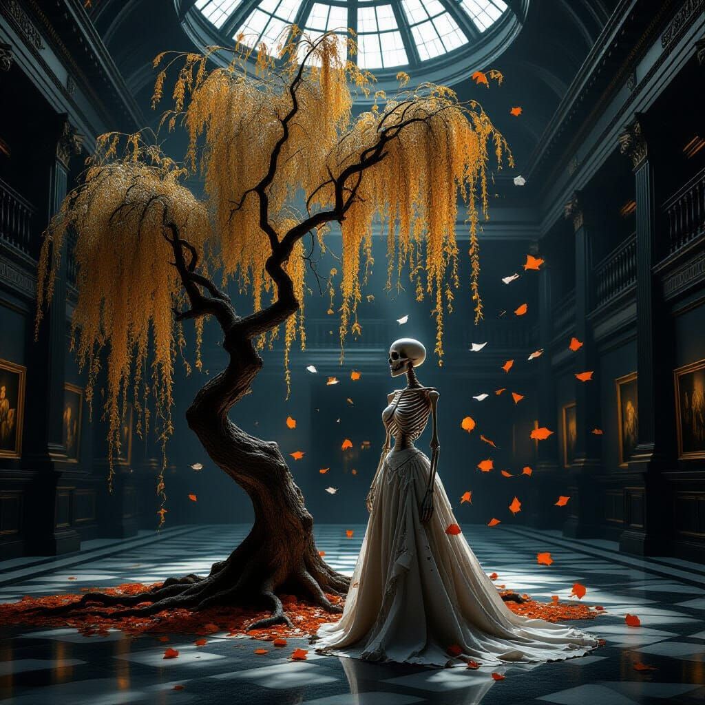 Sceleton and willow tree