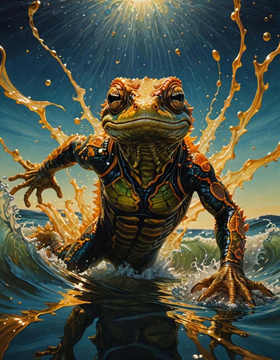 Bioluminescent Fish-Man Falling into Ocean, Surreal 3D Oil