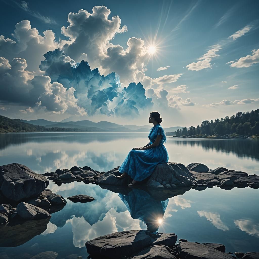 Woman by Lake in Blue, Digital Matte Painting