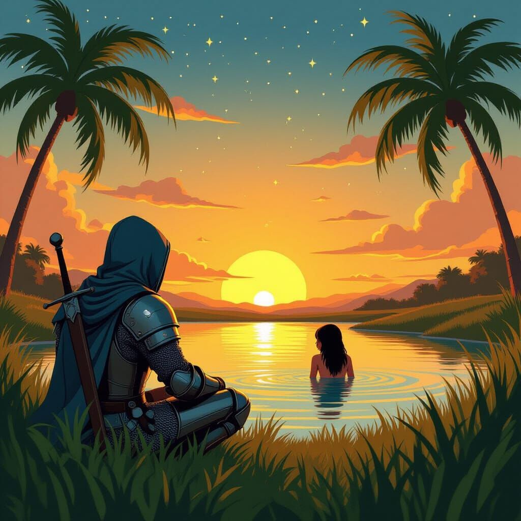 Knight Observes Oasis in Flat Surrealist Illustration