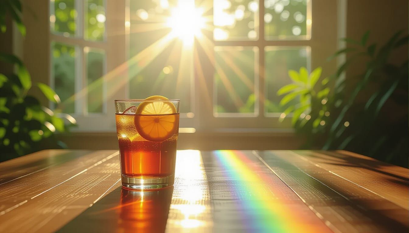 Sunlit Iced Tea Glass with Lemon Refracting Light
