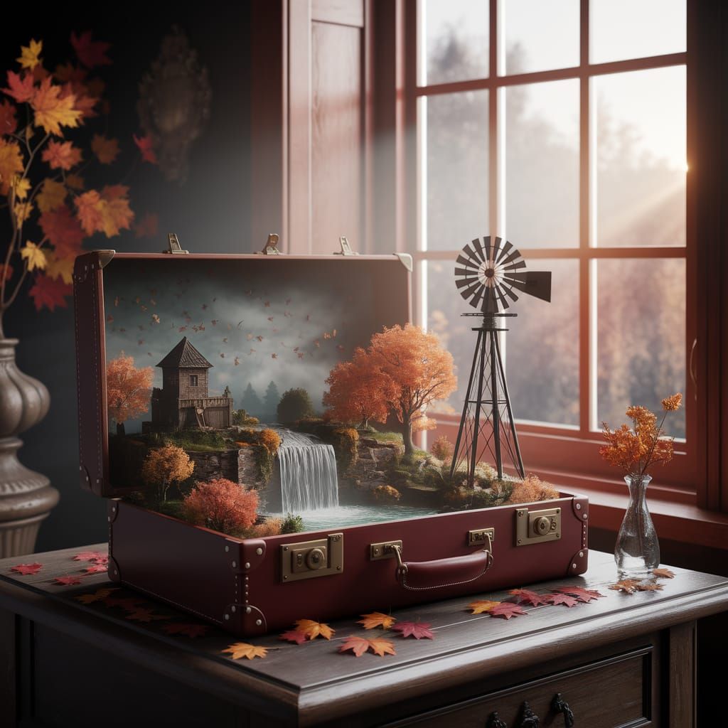 Autumn Landscape in Suitcase with Windmill and Waterfall