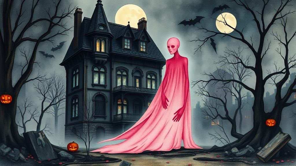 Haunting Pink Halloween Scene in Surreal Art Deco Style