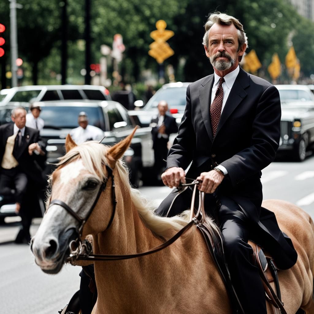 Man with Grey Goatee Riding Horse on Pennsylvania Avenue