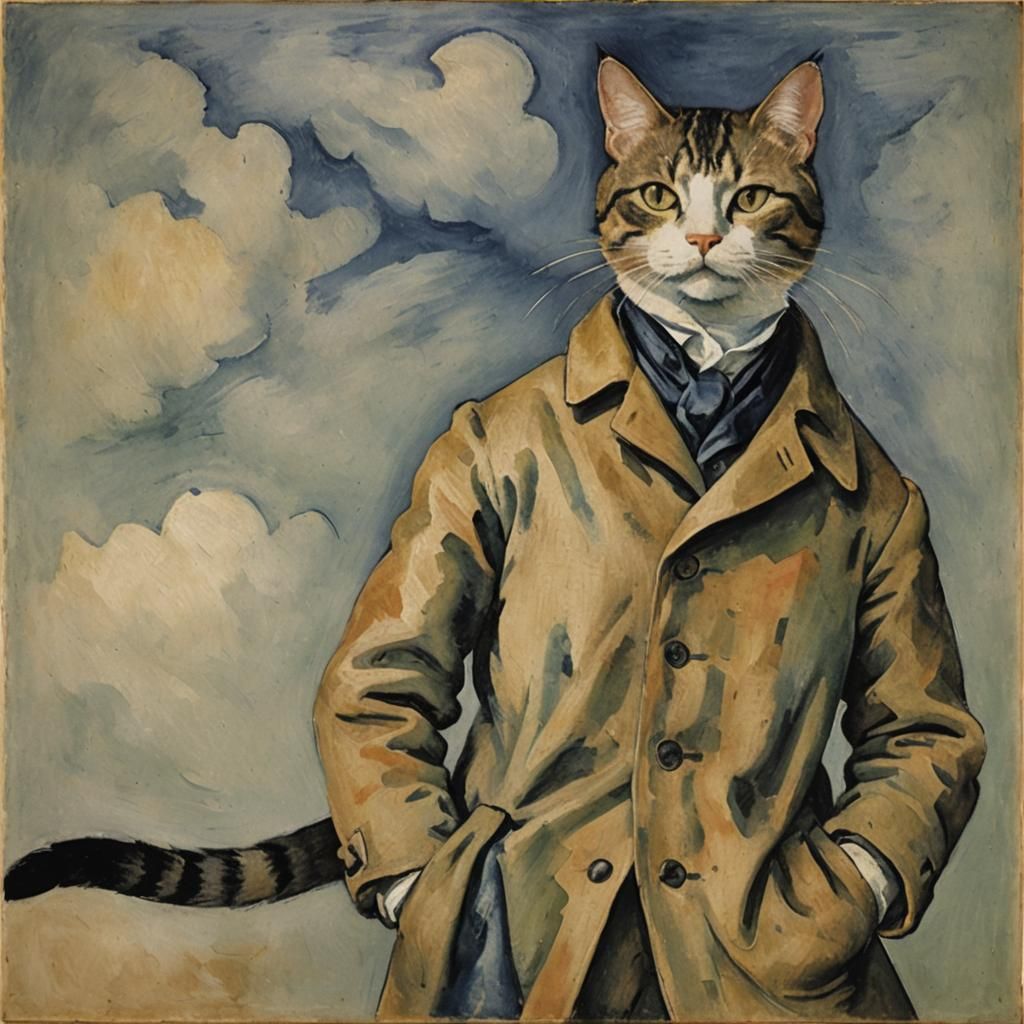 Cat Galloping in Coat, Post-Impressionist Style