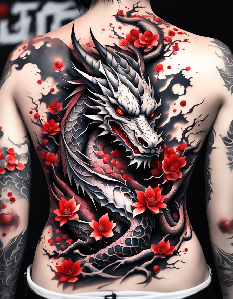 Black dragon japanese cherry tree red chest woman tattoo