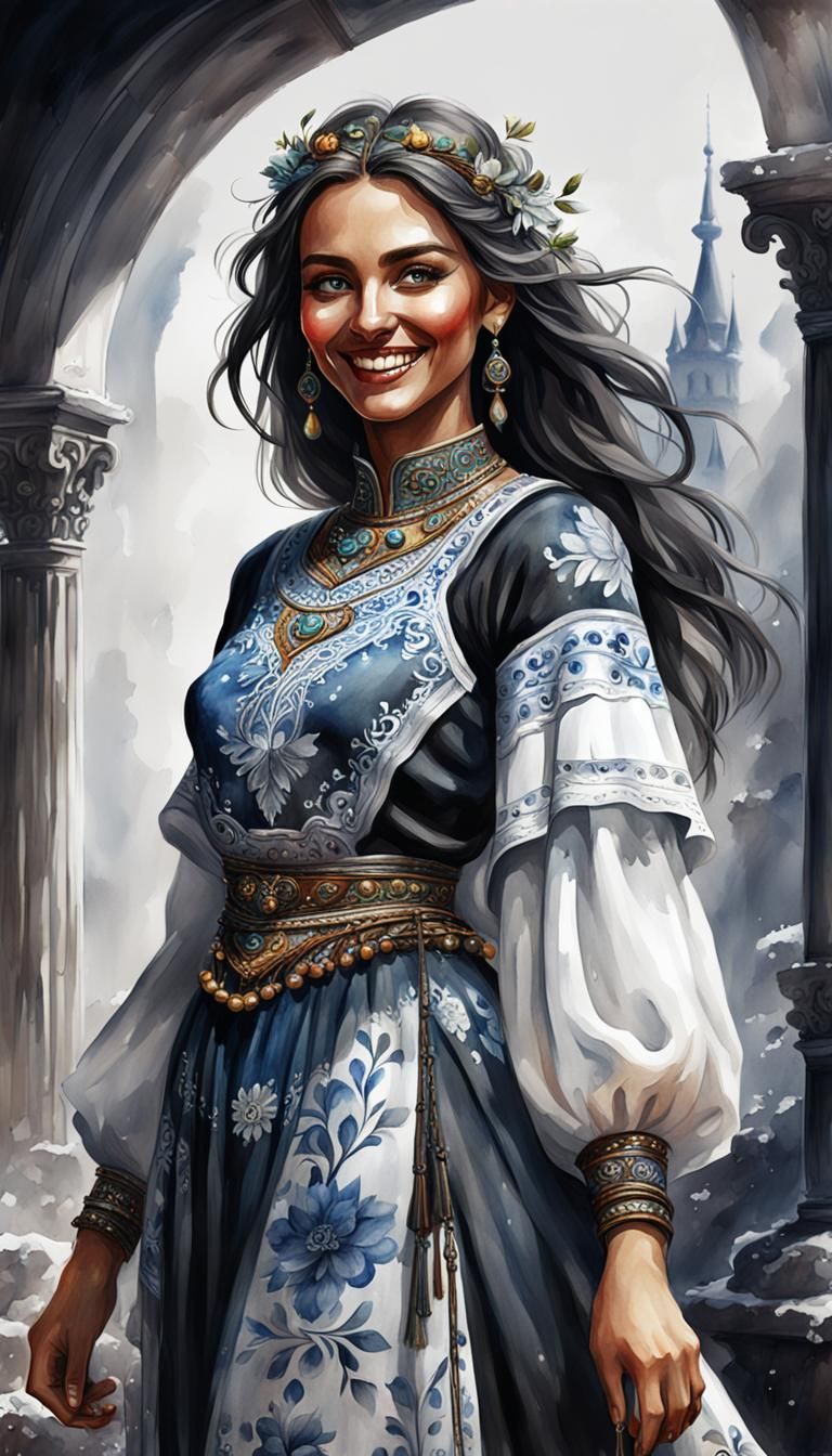 Bulgarian Woman: Black and White Watercolor Portrait