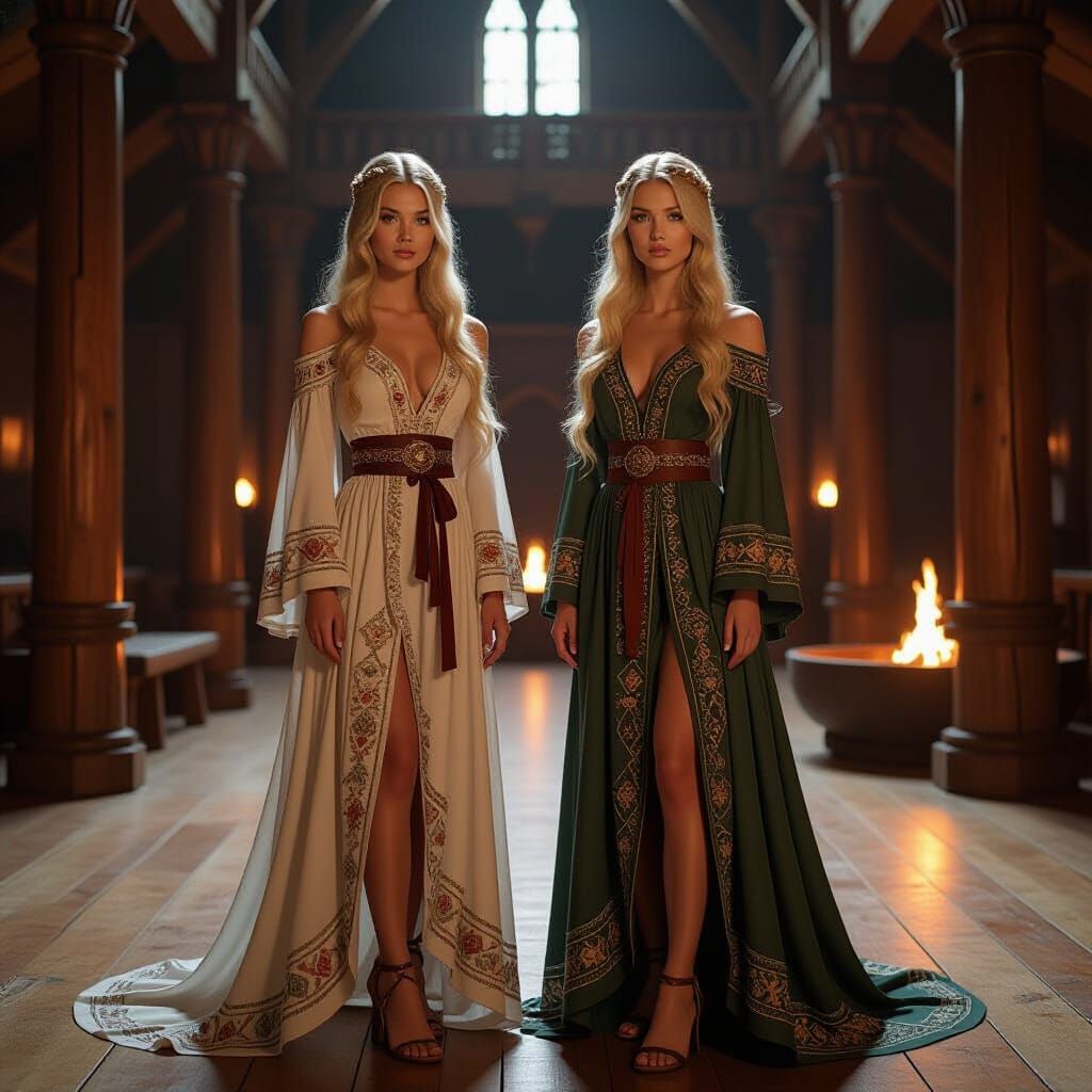 Viking Sisters in Great Hall with Atmospheric Lighting