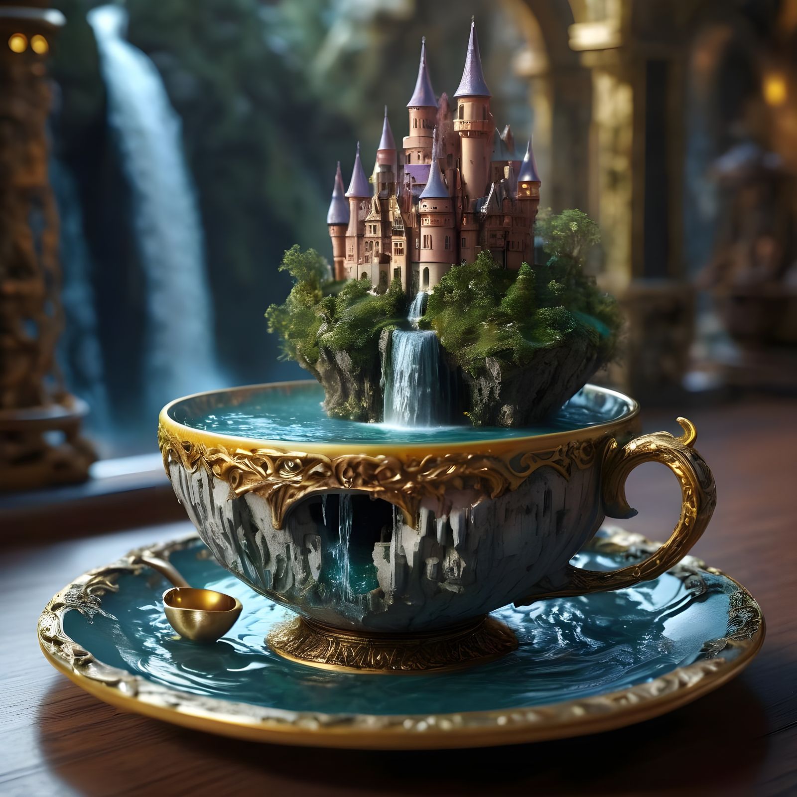 Diorama Fairyscape Castle in Teacup, Detailed 3D Render