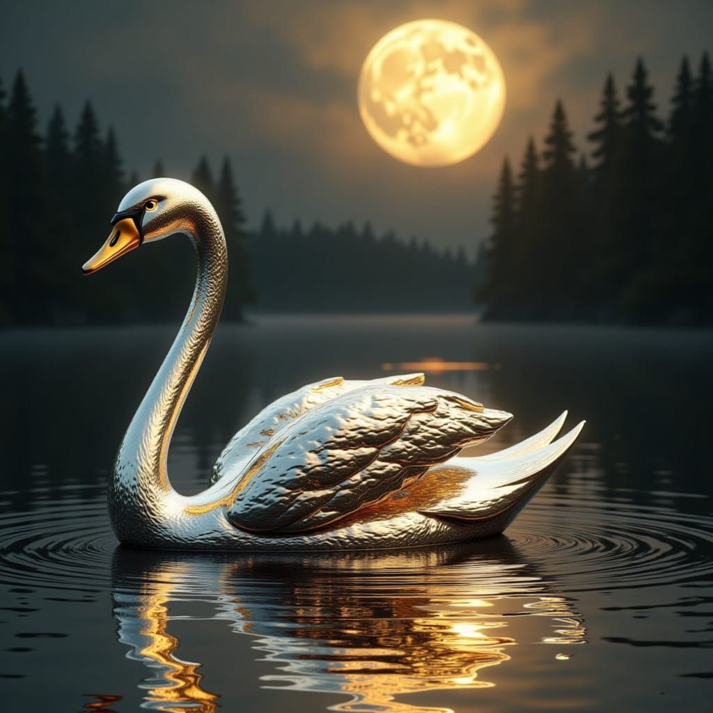 Molten Metal Swan Gliding on Mirror Lake