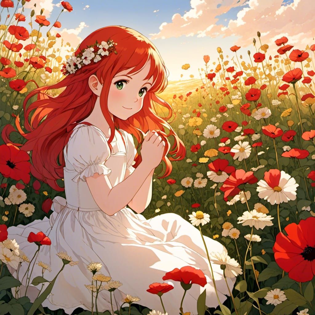 Anime Girl in Field of Flowers, Soft Aesthetic