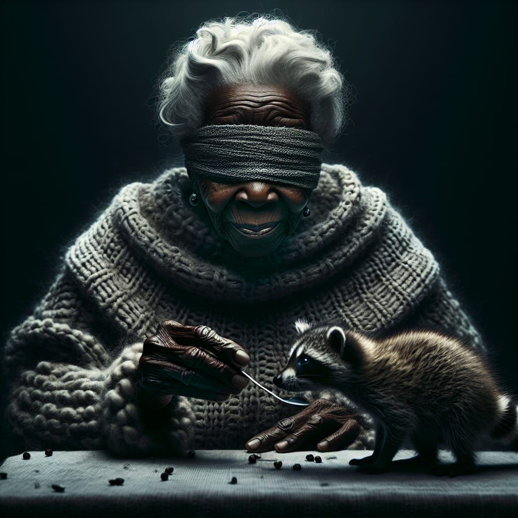 Elderly Woman and Raccoon in Cinematic Lighting