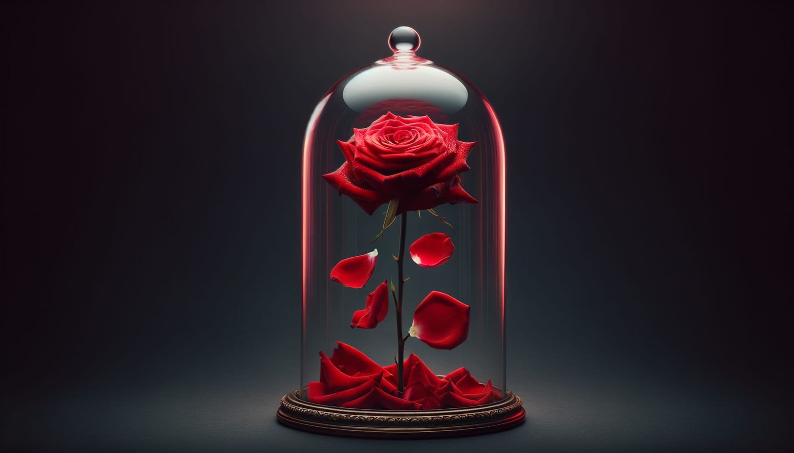 Red Rose Petals Gently Fall in Glass Cloche