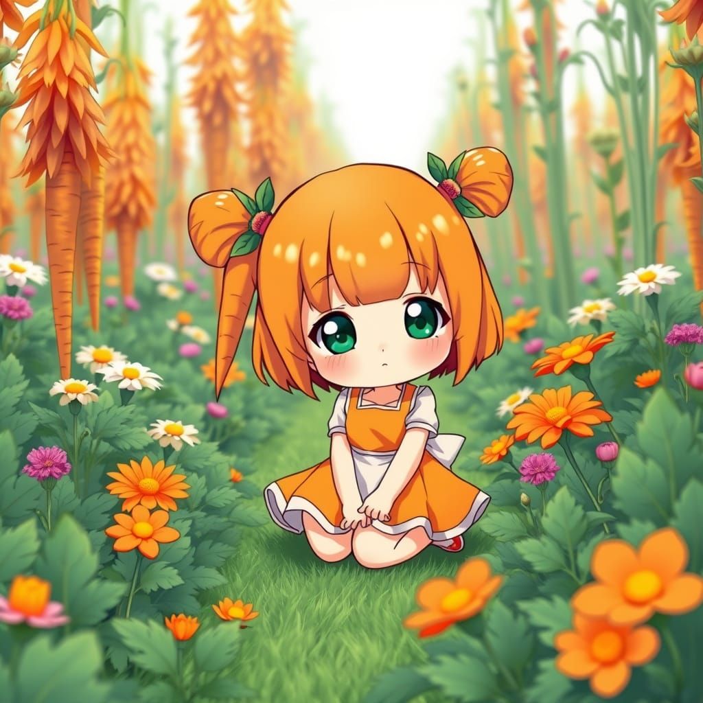Chibi Carrot Girl in Whimsical Anime Garden