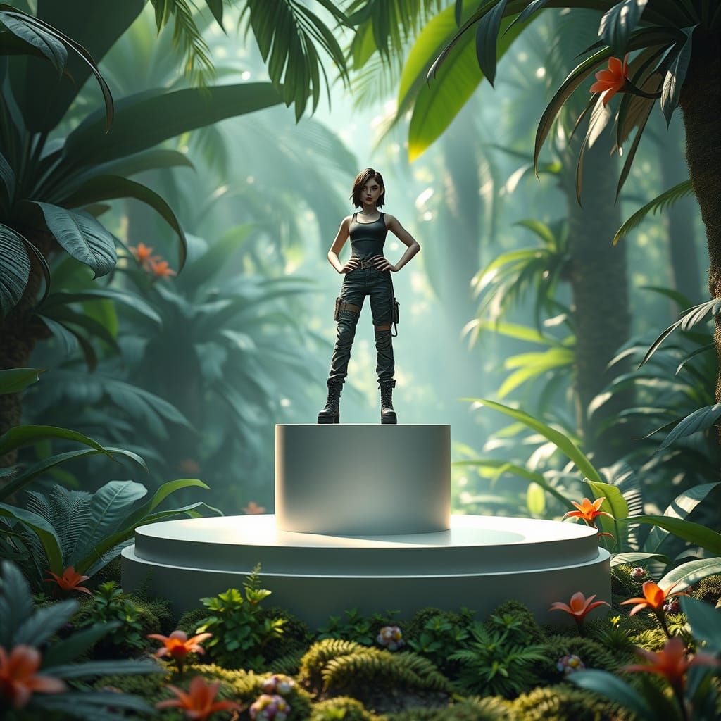 Sleek Podium Surrounded by Tropical Foliage in Hyper-Realist...