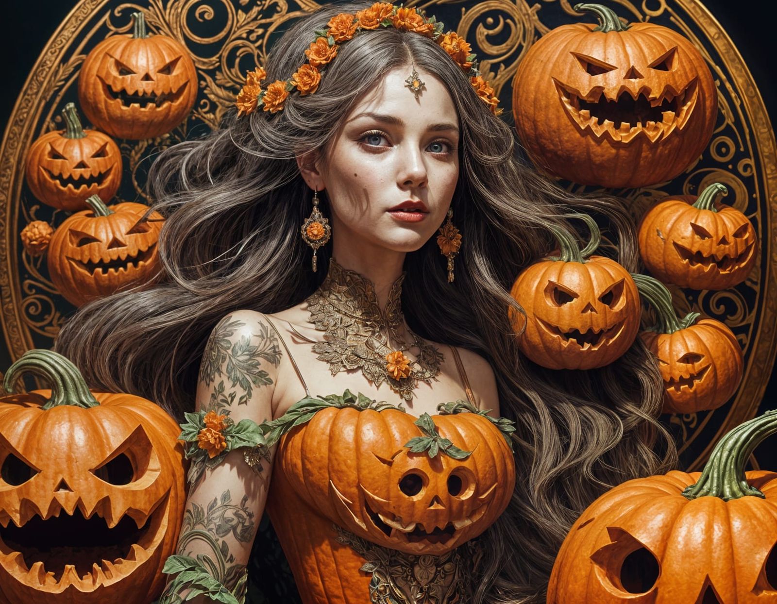 Woman with Pumpkin Man in Photorealistic Style