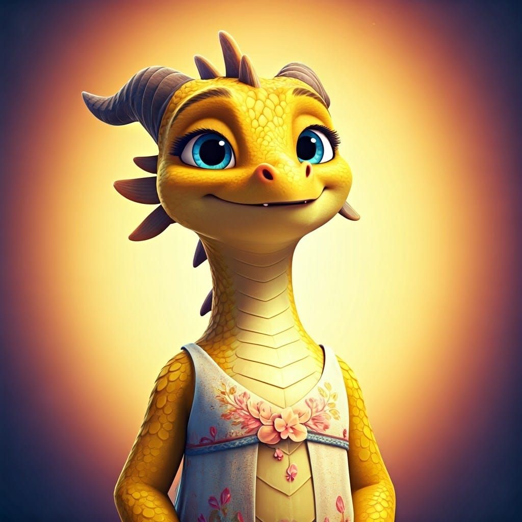 Supportive Dragon in Floral Dress, Pixar Style