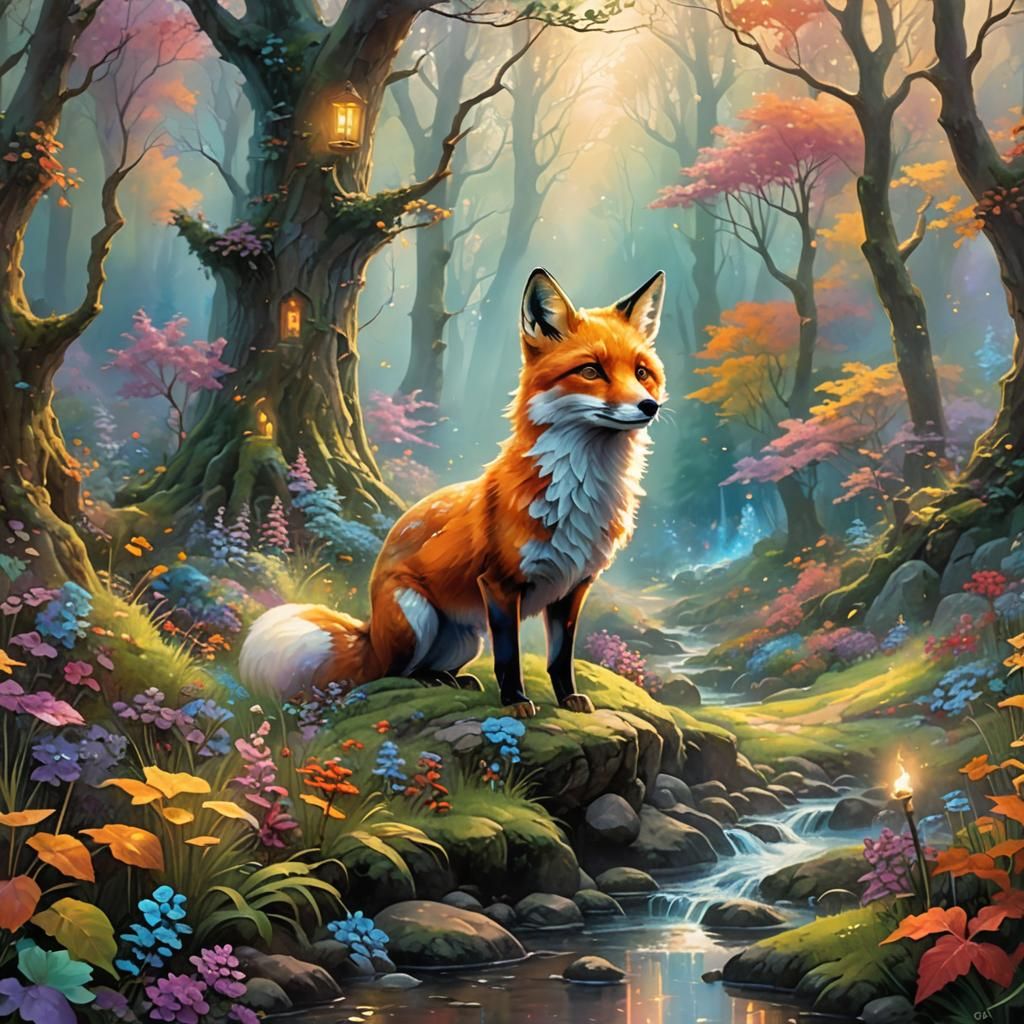 Fox in Colorful Forest: Ethereal Fantasy Art