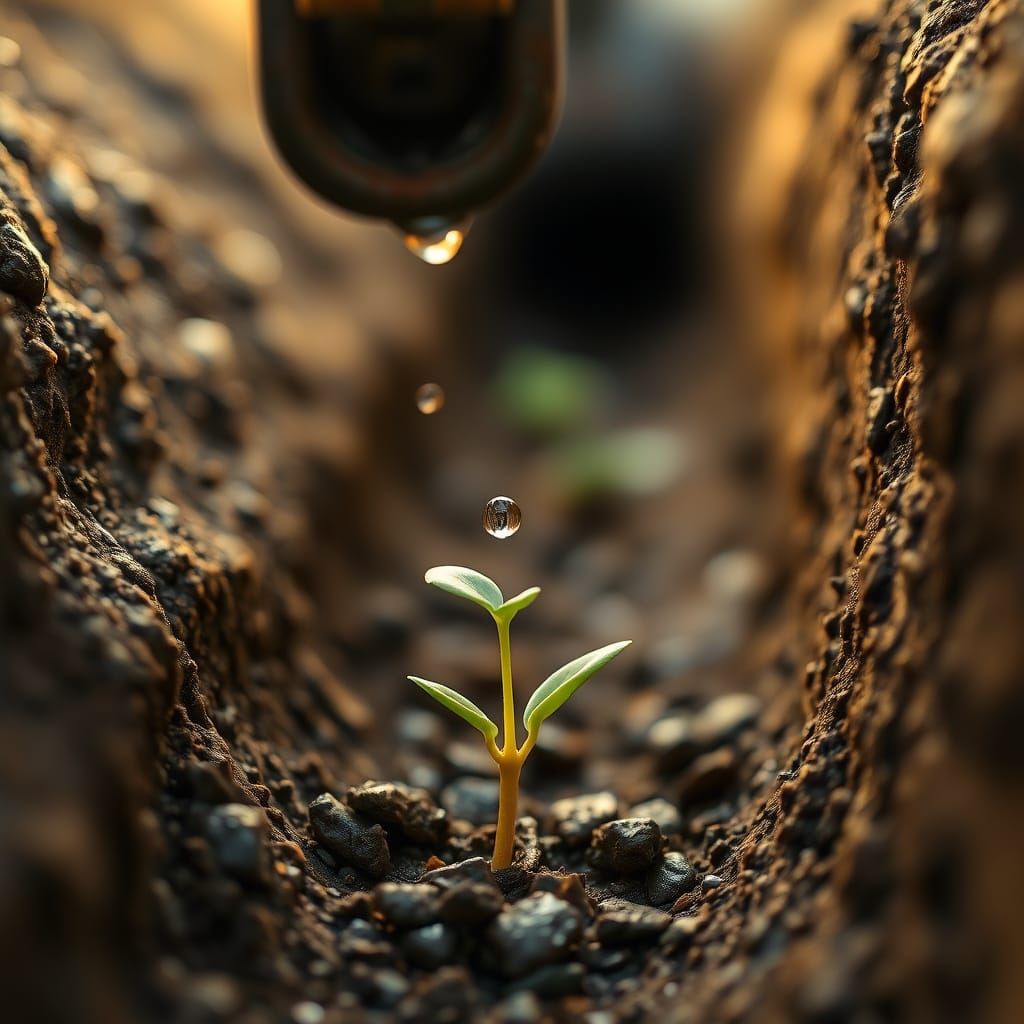 Green Sprout with Water Droplet in Golden Light
