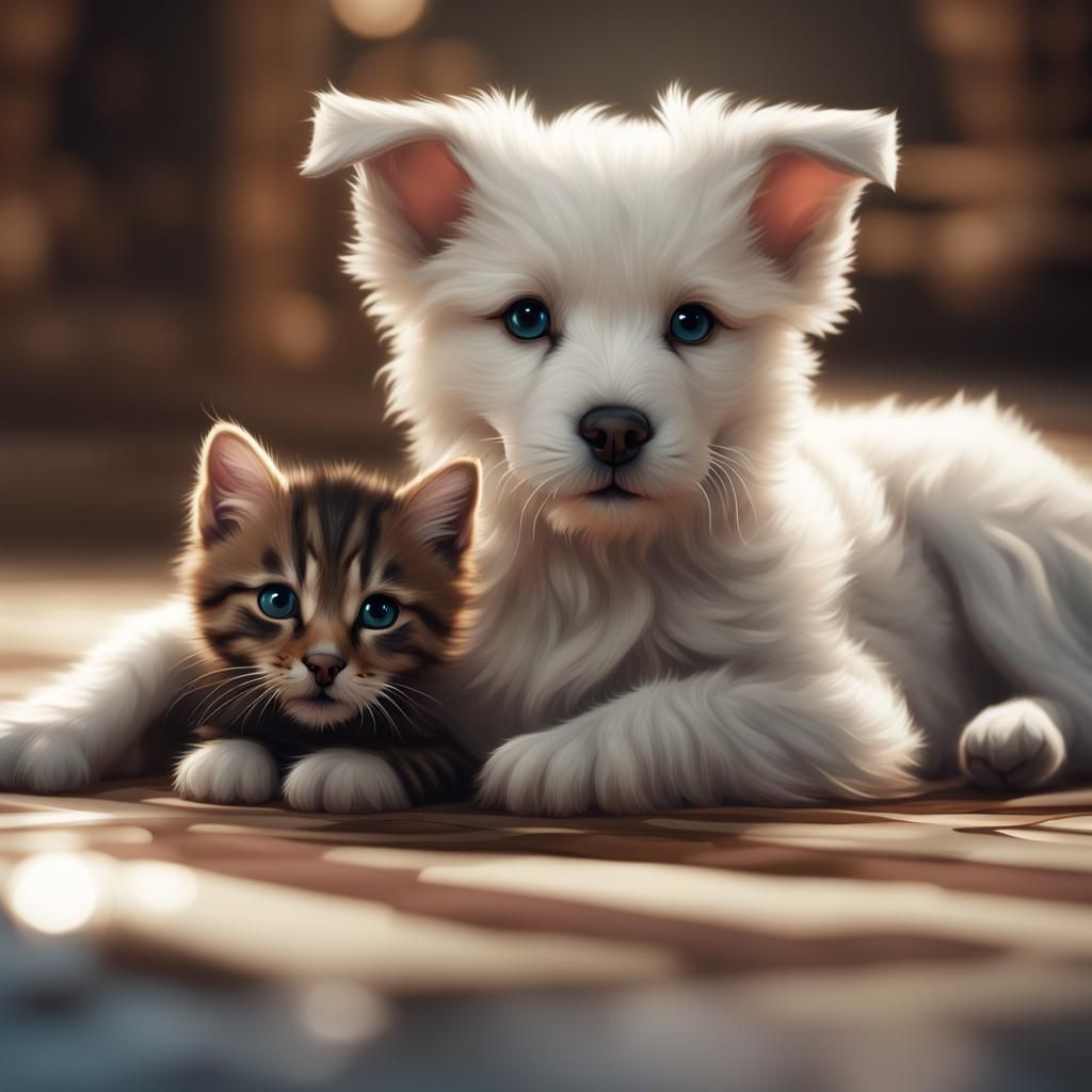 Fluffy Puppy and Kitten in Detailed Matte Painting