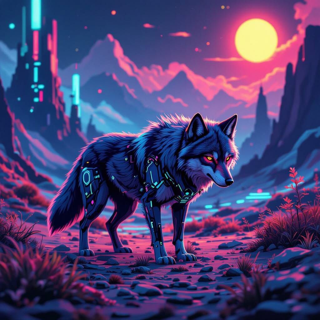 Tiny Nano Wolf in Futuristic Neon Landscape