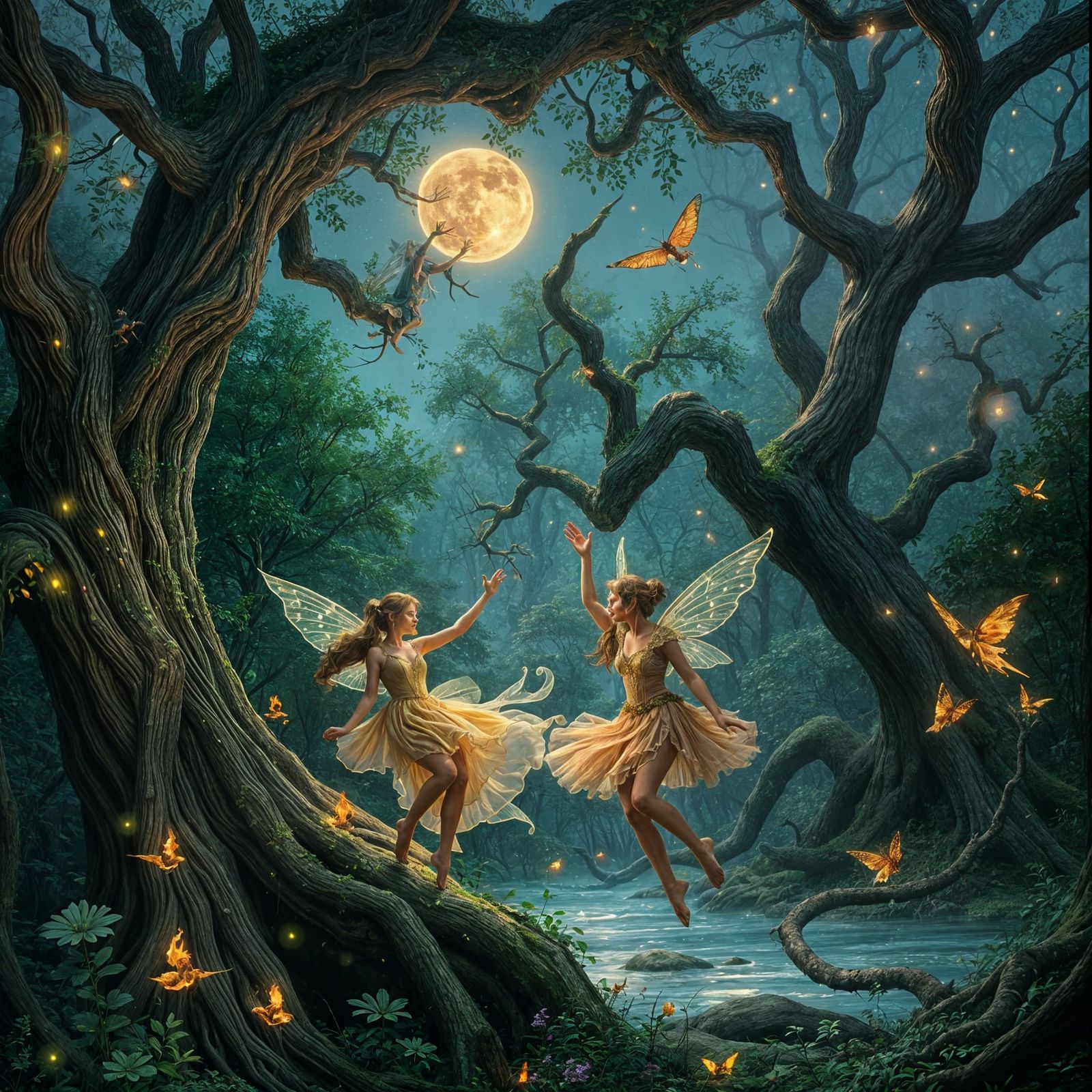 Magical forest with wood nyphms and fairies dancing with fir...