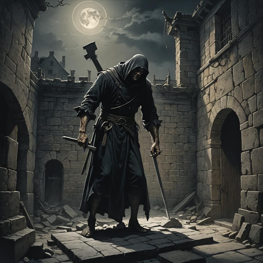 Dark Fantasy Guillotine Scene in Eerie Surrealism