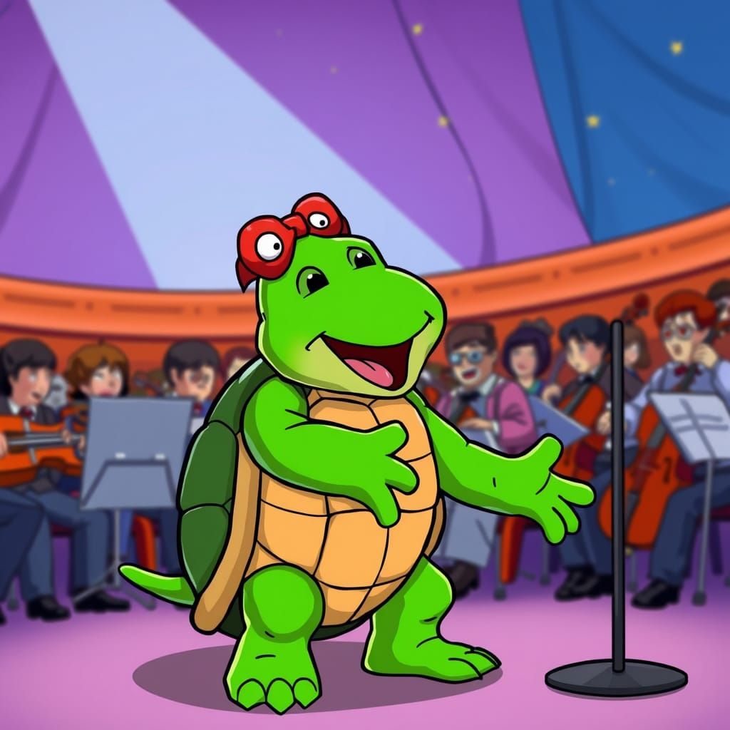 Cartoon Singing Turtle on Stage with Orchestra