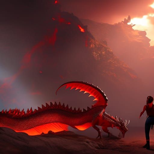 Lara Croft and Her Red Dragon Companion