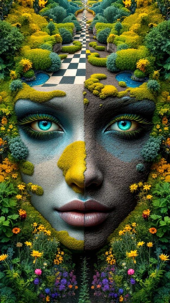Surreal Landscape Face with Chessboard Pattern
