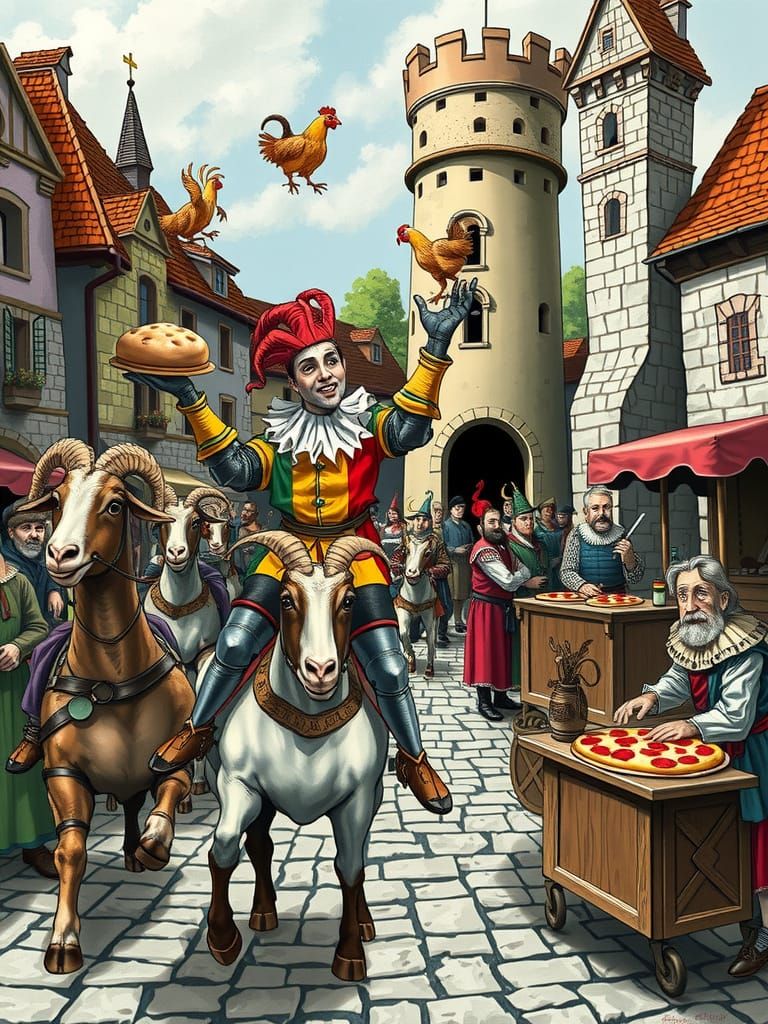 Medieval Marketplace Mayhem in Whimsical Renaissance Style