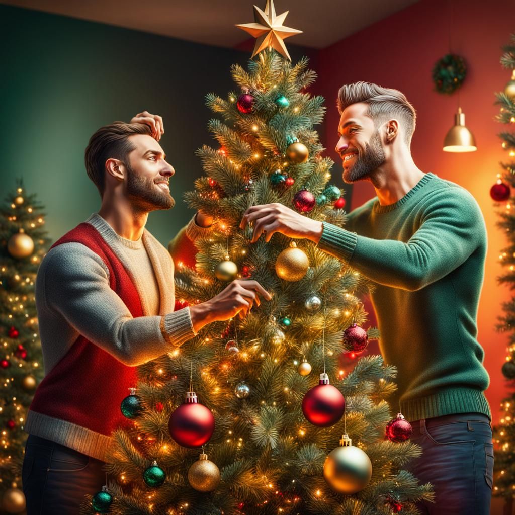 Gay Couple Decorating Christmas Tree: Hyperrealistic Splash ...