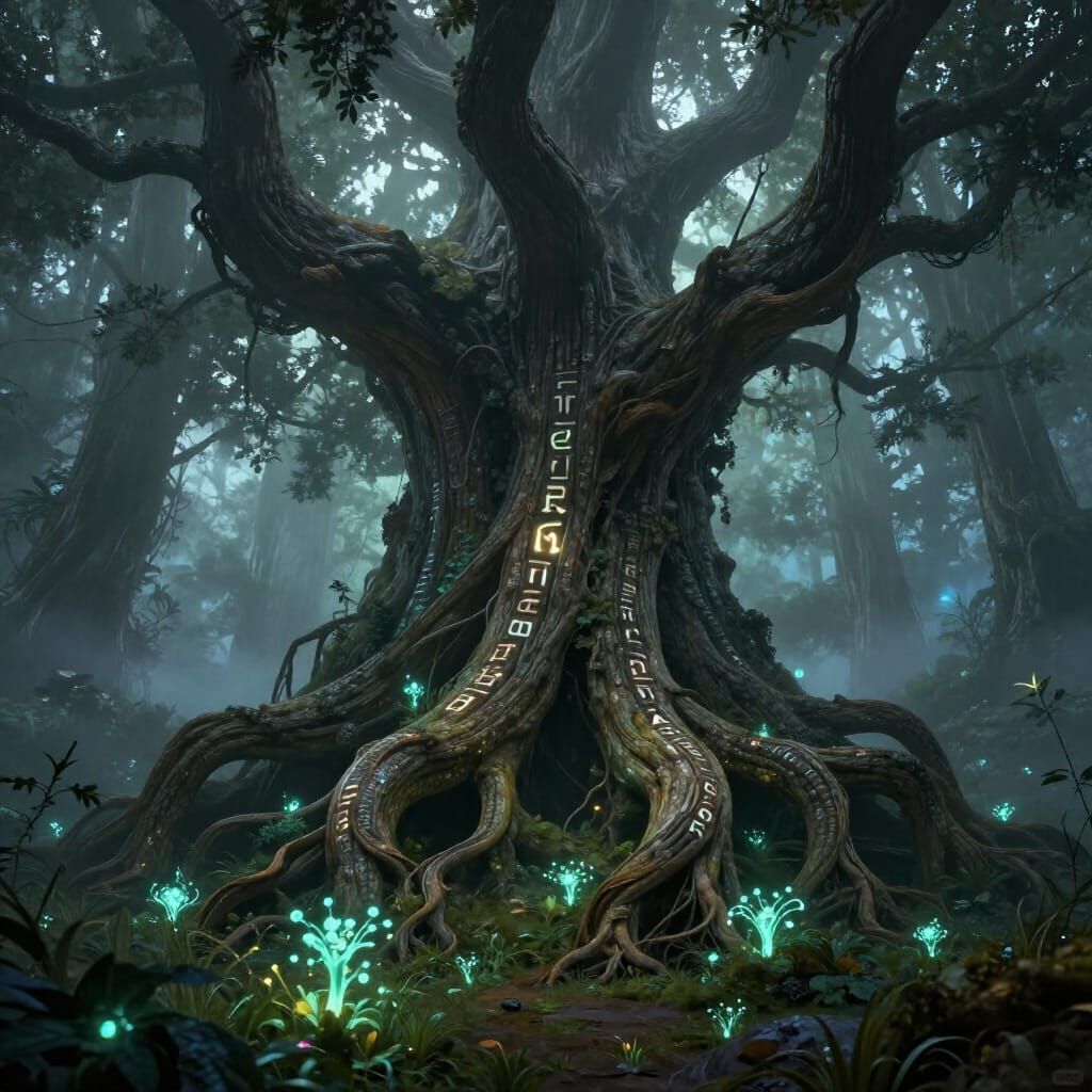 Ancient Tree with Serpentine Roots and Glowing Runes