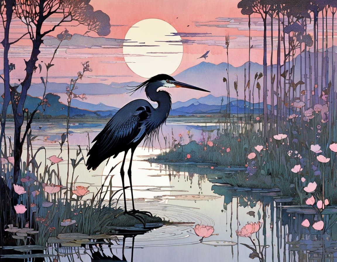 Ethereal Black Heron in Vibrant Floral Haven