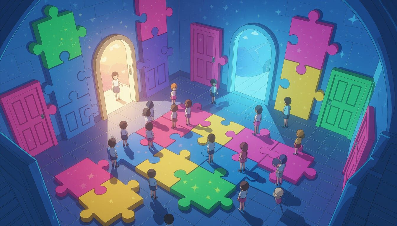 Dreamy Manga Scene of Kids Among Giant Puzzles