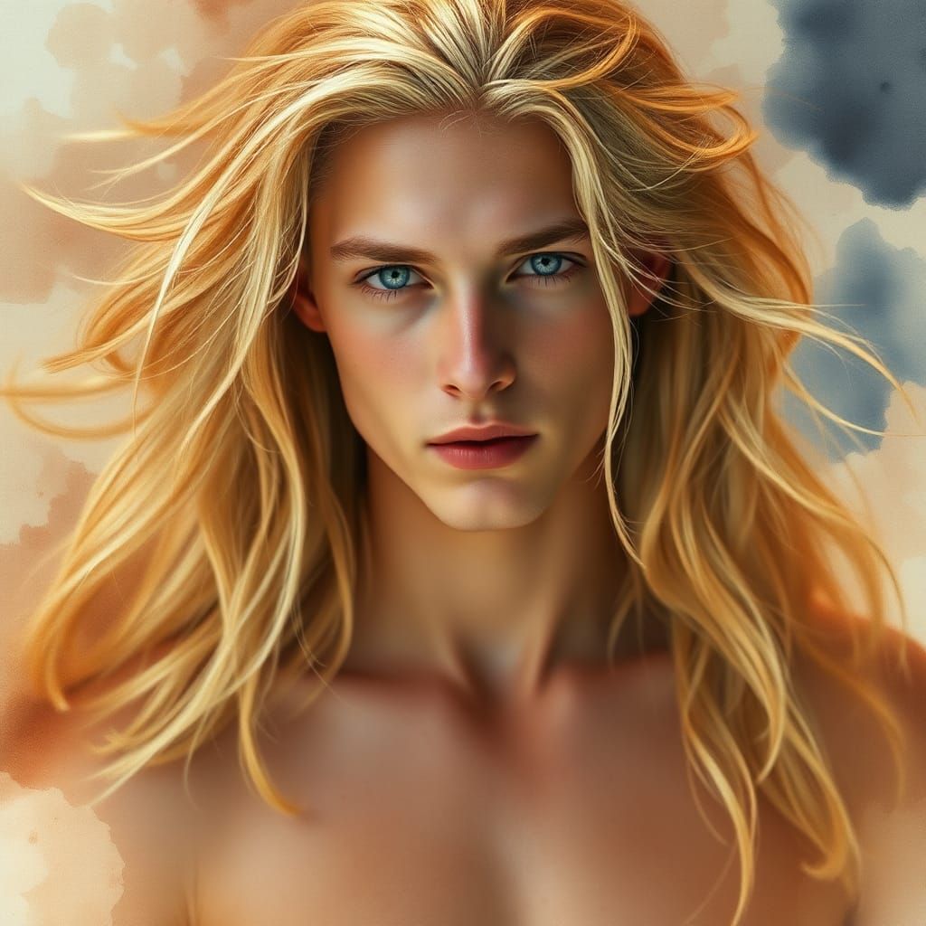 Ethereal Blonde Male Gaze in Pre-Raphaelite Style