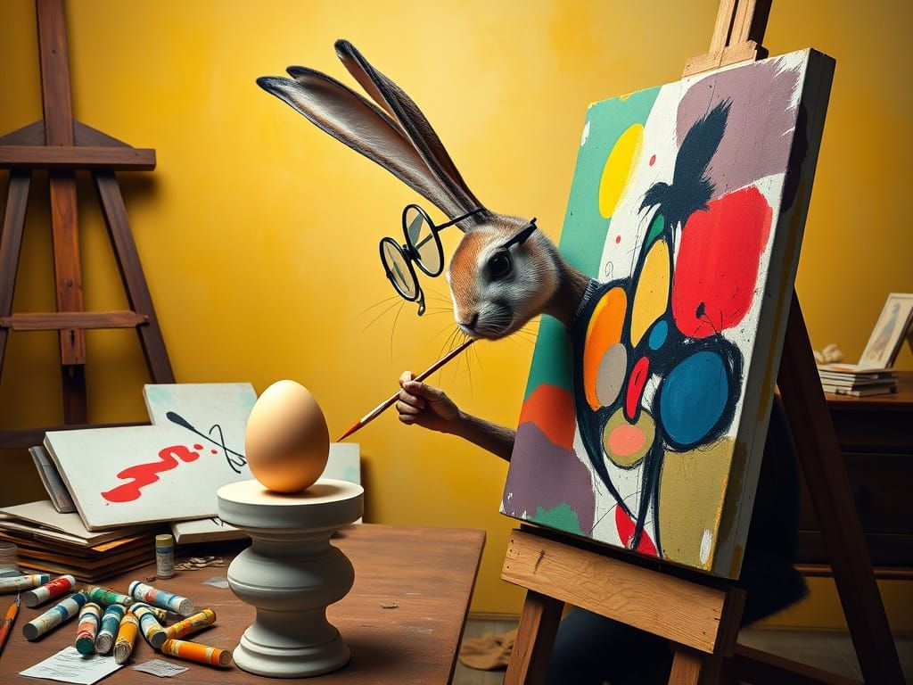 Surrealist Rabbit Artist Creates Masterpiece in Studio