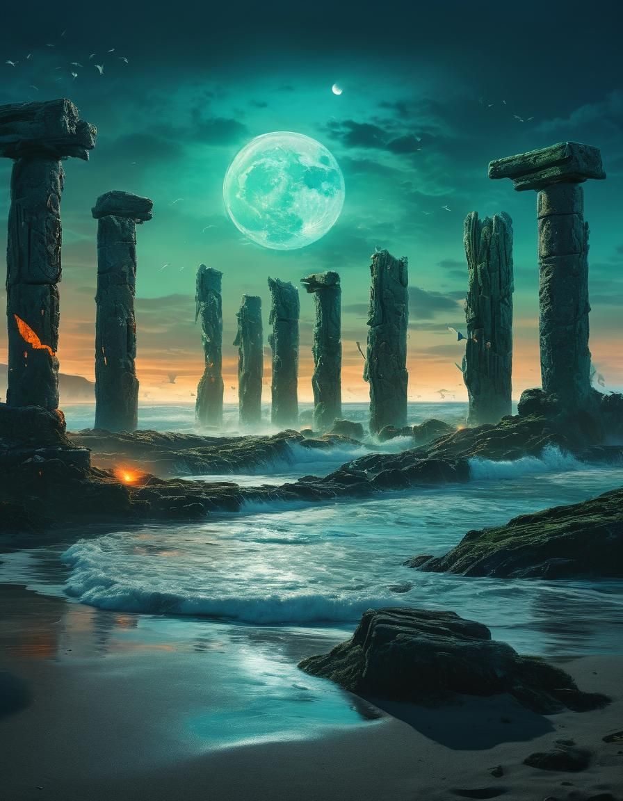 Moonlit Beach Battle in Ethereal Fantasy Art