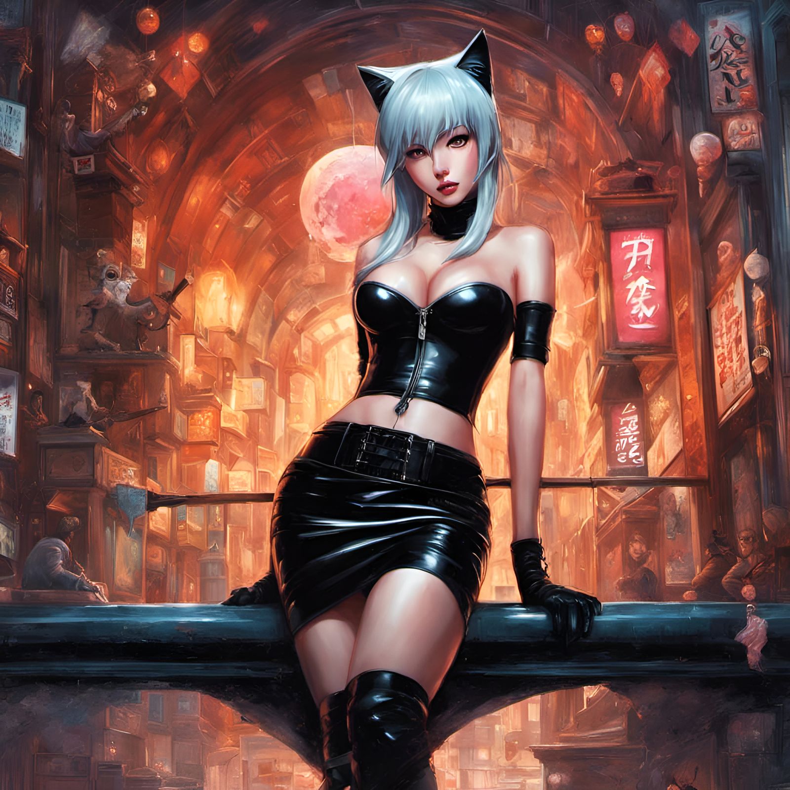 Flirty Cat Girl in Latex: Hyperdetailed Digital Art