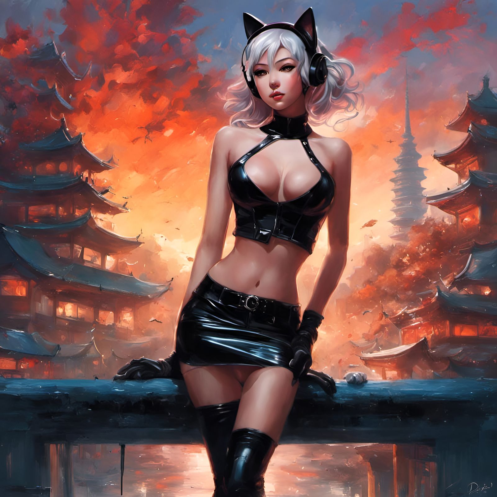 Flirty Cat Girl in Latex, Hyperdetailed Fantasy Art