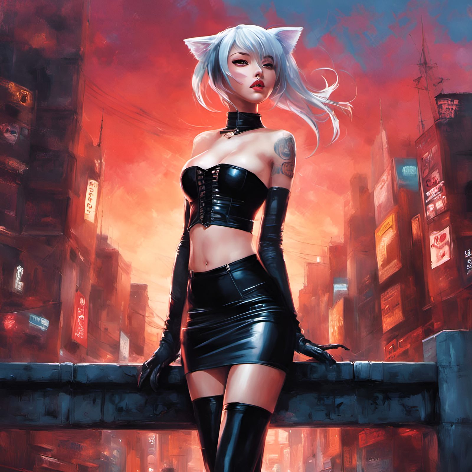Sensual Cat Girl in Latex Corset and Skirt