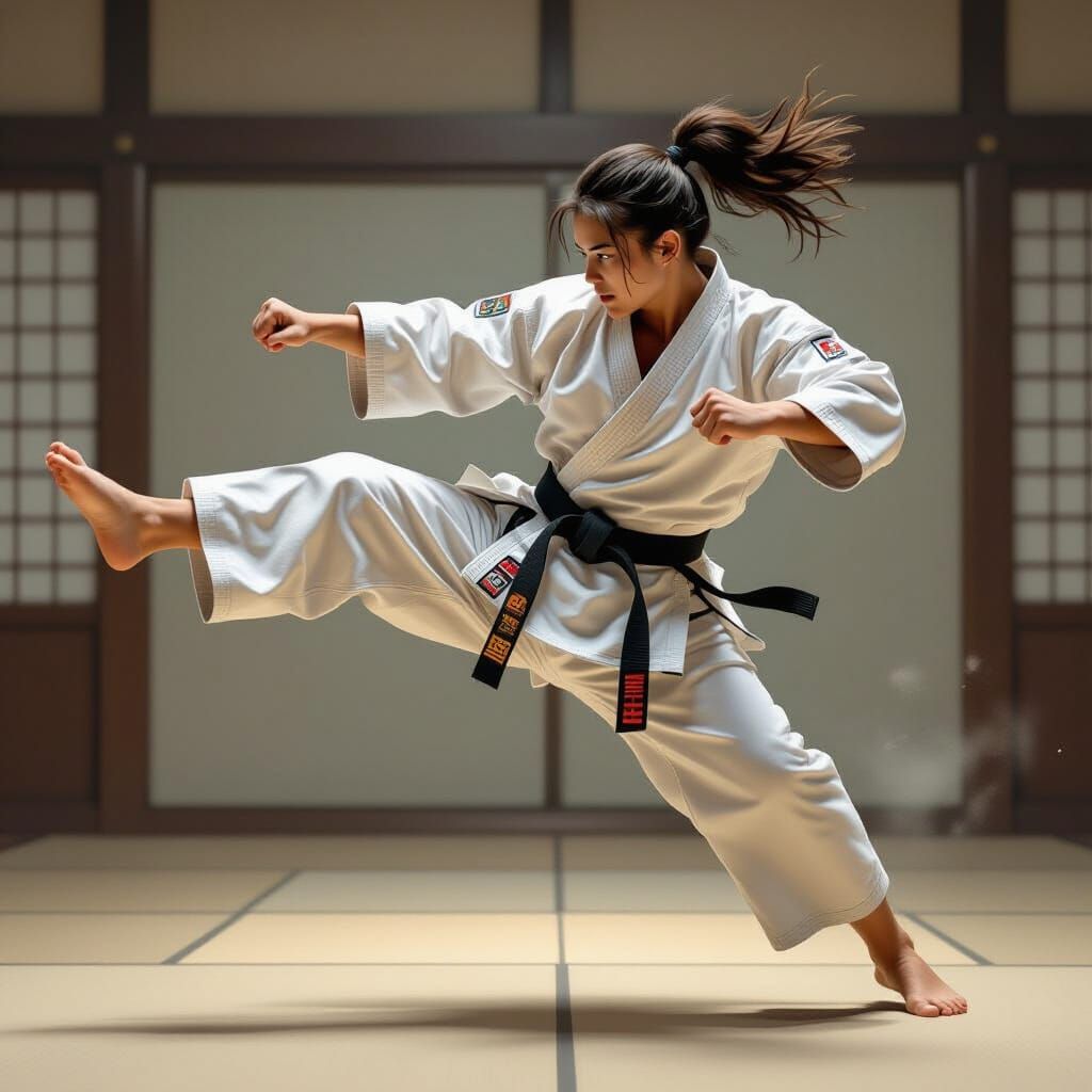 Karate Master in Motion: A Photorealistic Dojo Scene
