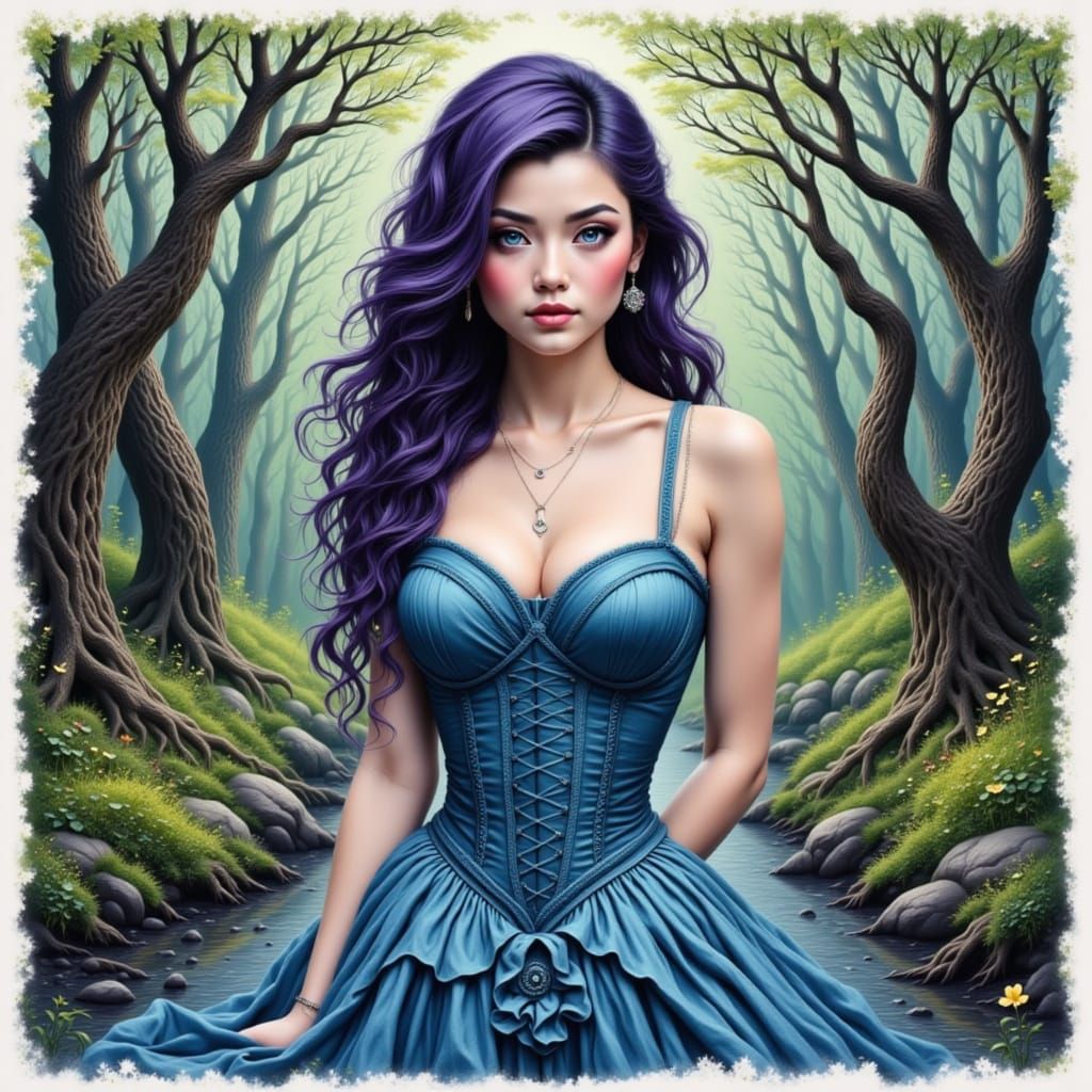 Beautiful Woman in Corset Dress by Stream