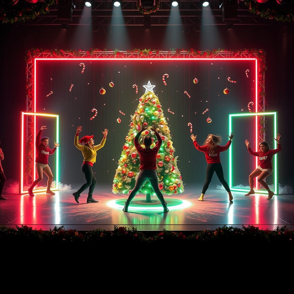 Christmas Dance Performance with Neon and Holiday Decor