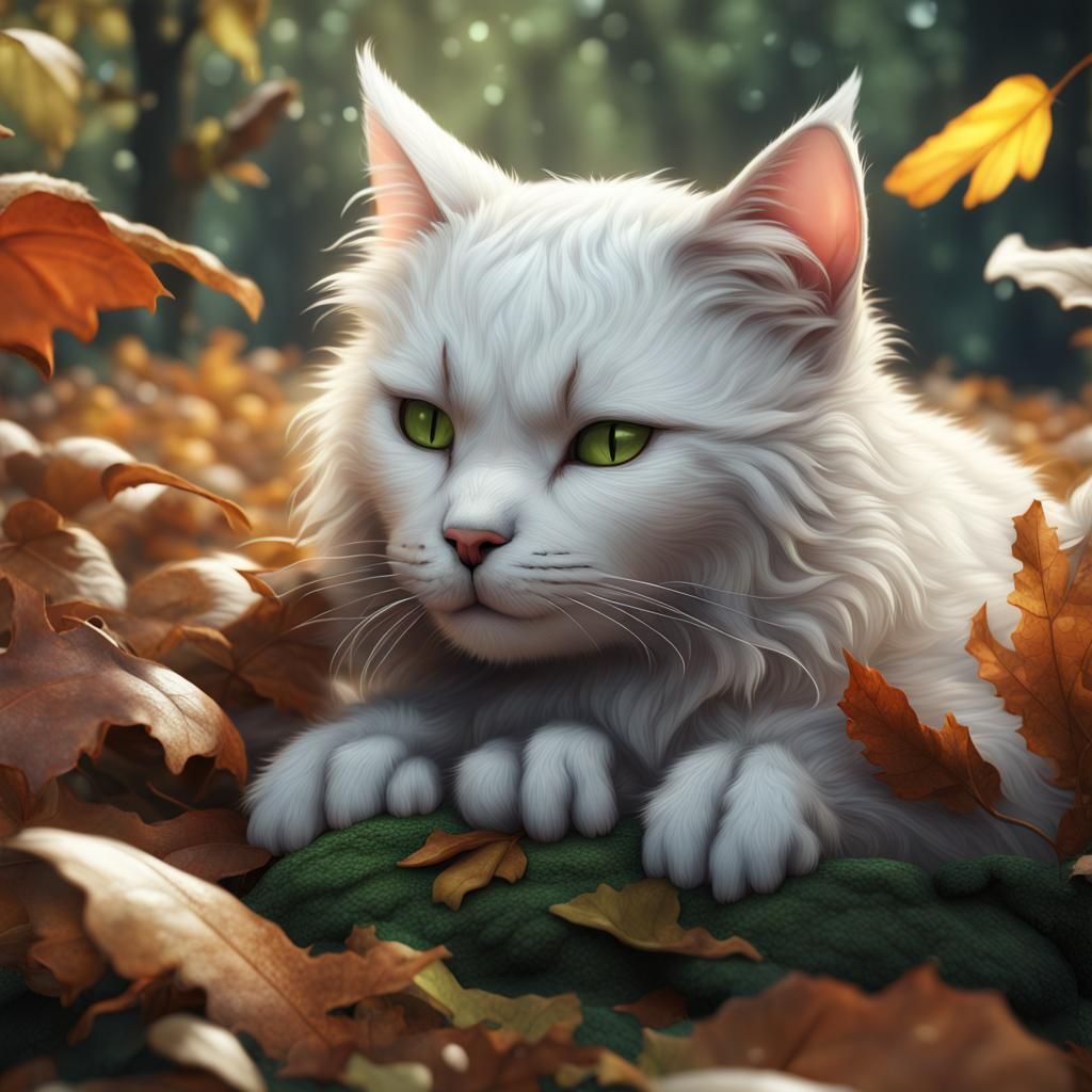 Sleeping White Kittens on Leaves, Detailed Digital Art