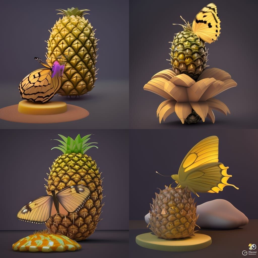 a yellow butterfly sitting on top of a pineapple a 3D render by Grillo Demo, featured on zbrush central, pop surrealism,...