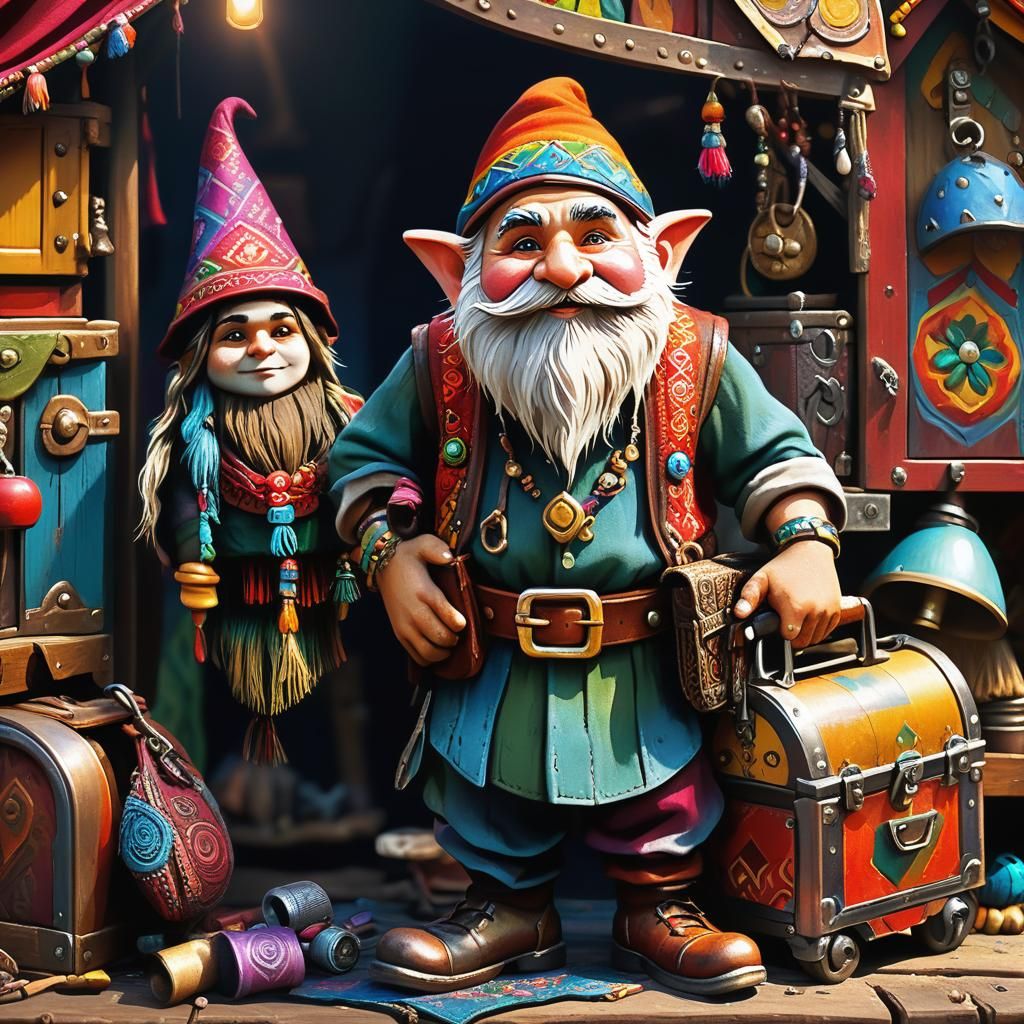 Gnome with Toolbox Beside Gypsy Caravan