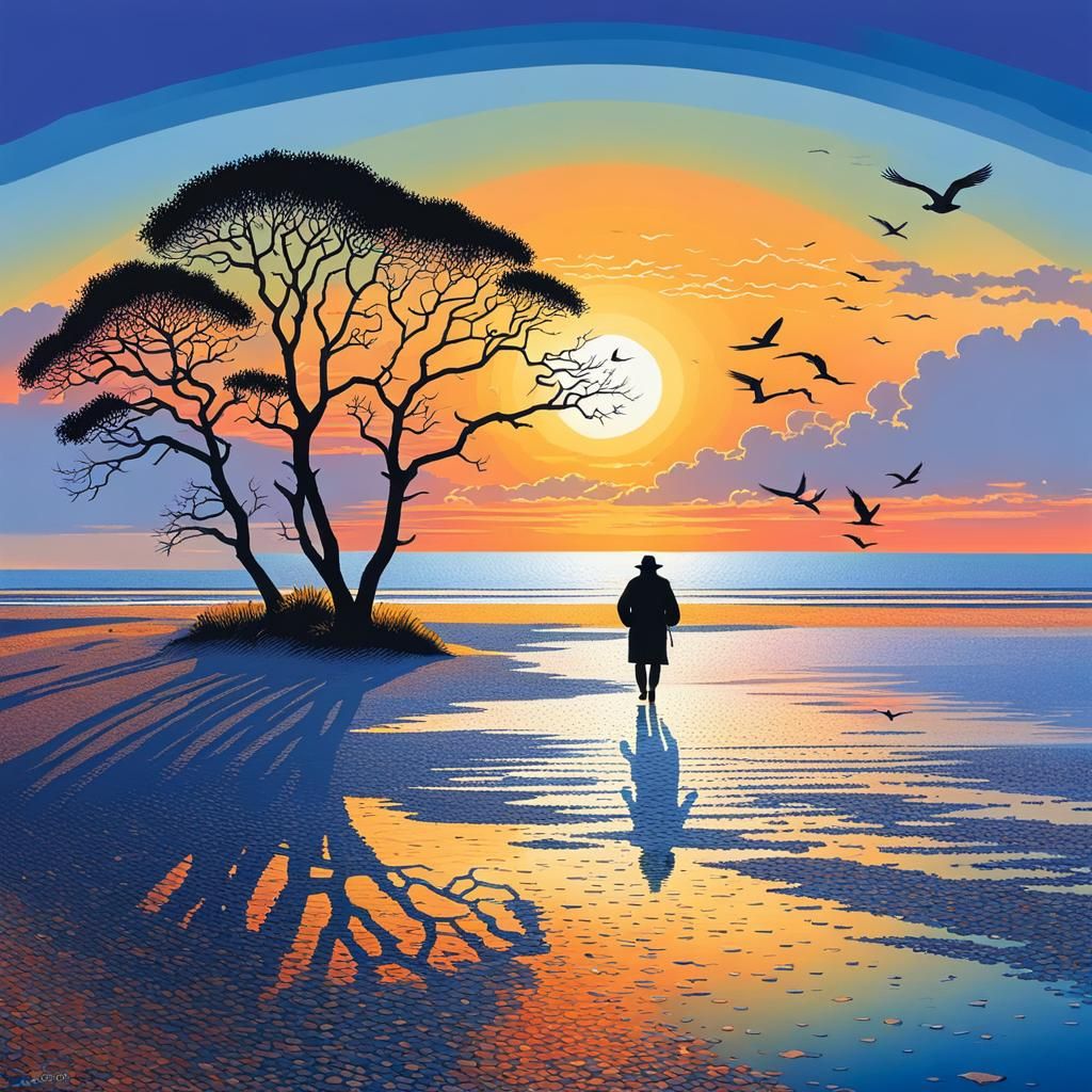 Sunset Beach Walker in Pointillism Style