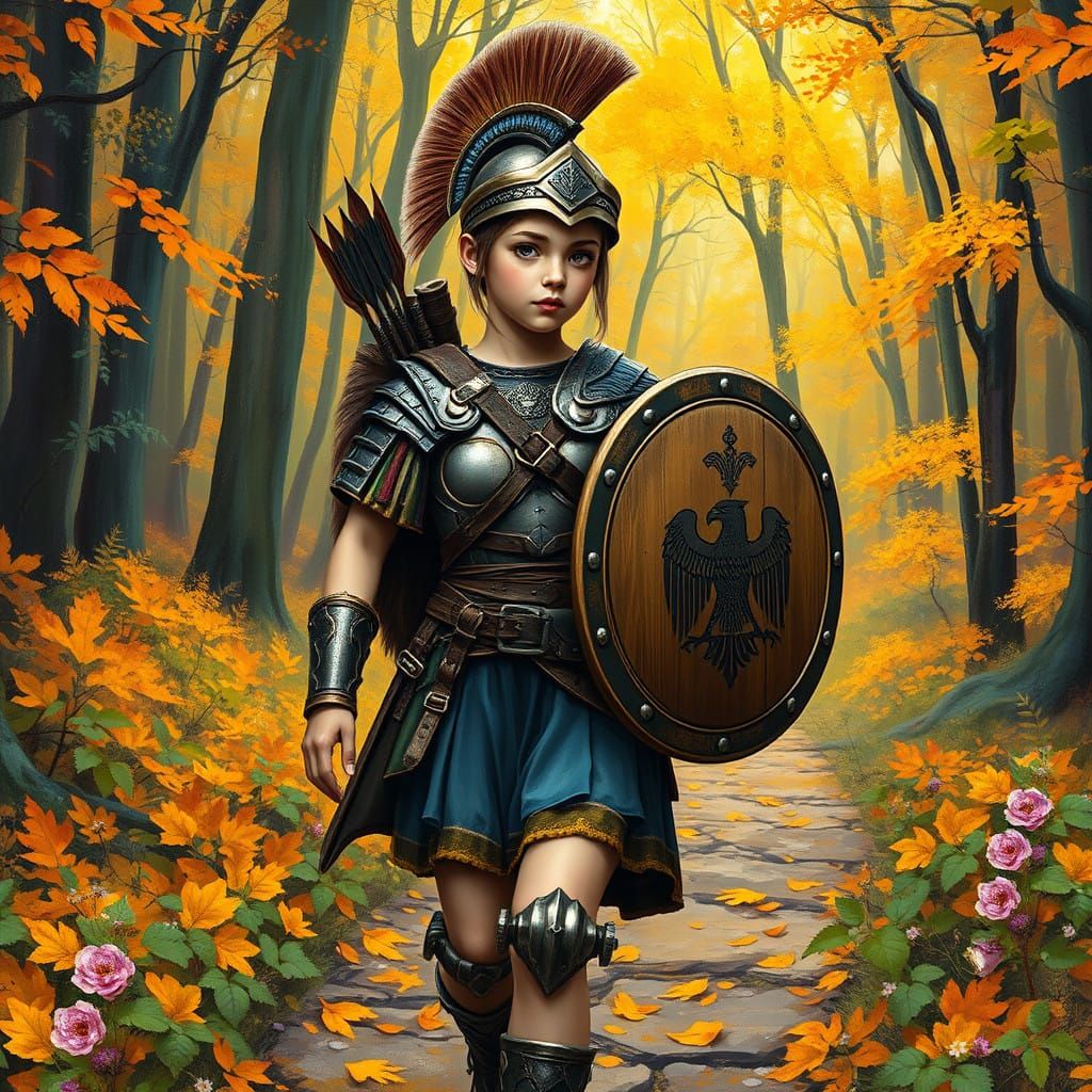 Girl in Ancient Roman Military Attire Strolls Through Whimsi...
