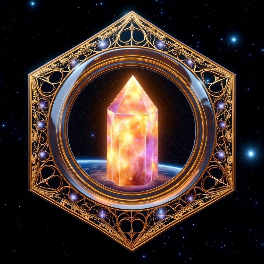 Quartz Crystal Orb in Space, Klimt-Inspired Sci-Fi Art
